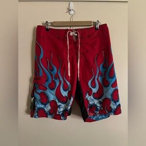 Vintage Y2K Billabong Blue Flames Red Board Shorts Swim Trunks Size 33